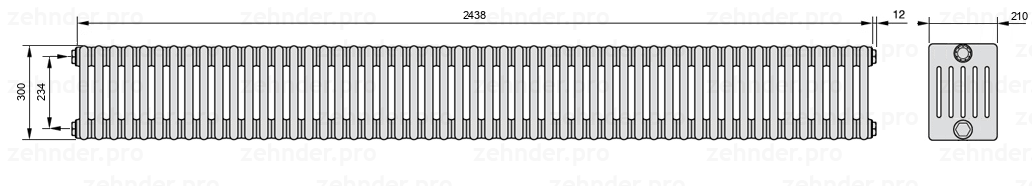 Схема (чертеж) Радиатор Zehnder Charleston 6030/53 №1270 Белый глянцевый RAL 9016